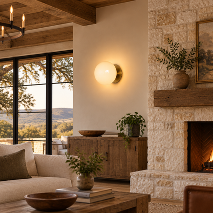Wisp Glass Wall Sconce, Gold and Beige, in a Texas hill country great room with exposed beams and limestone accents