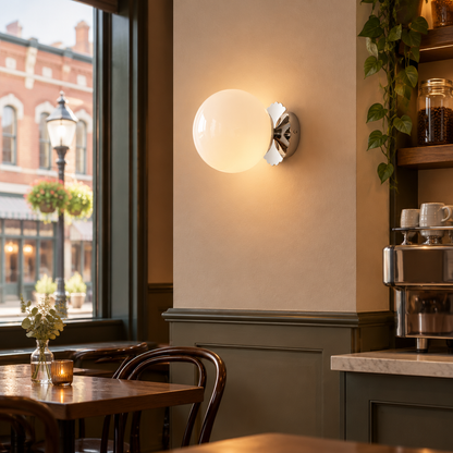 Wisp Glass Wall Sconce, Chrome and White, in a coffee shop in a historic Main Street storefront