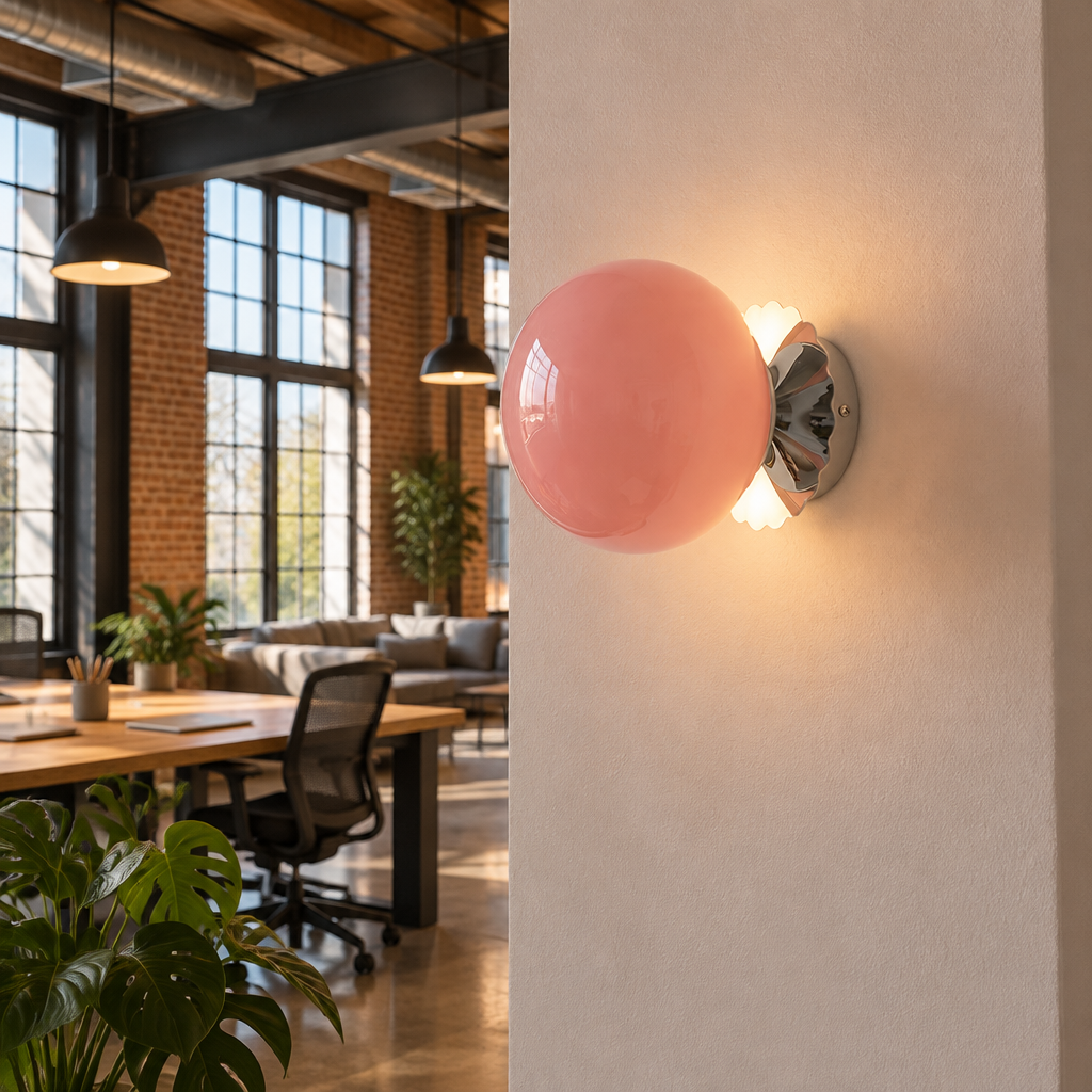 Wisp Glass Wall Sconce, Chrome and Pink, in a co-working space in a converted warehouse