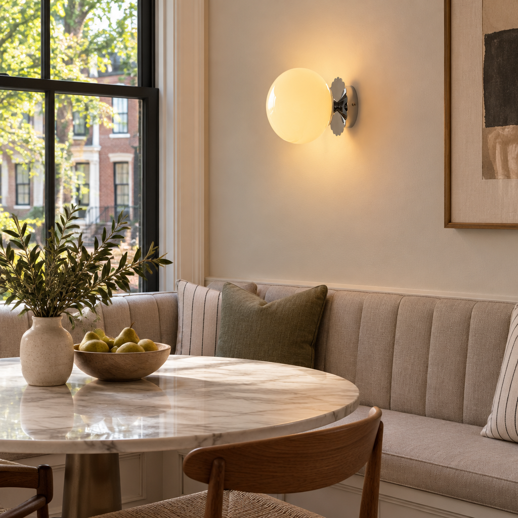 Wisp Glass Wall Sconce, Chrome and Beige, in an Atlanta townhouse breakfast nook with a round table