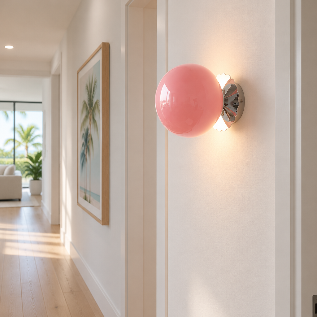 Wisp Glass Wall Sconce, Chrome and Pink, in a Florida modern home hallway with light wood floors and white walls