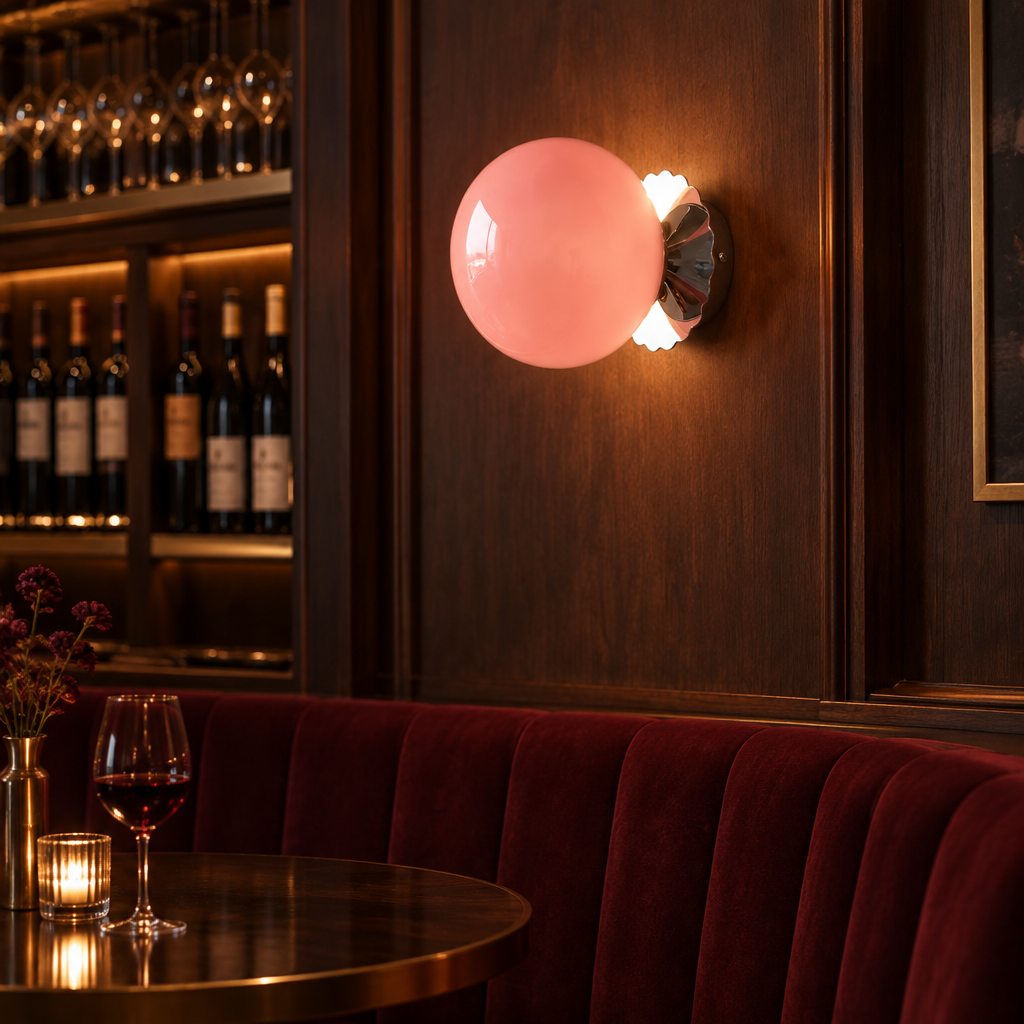 Wisp Glass Wall Sconce, Chrome and Pink, in an intimate wine bar with dark wood and velvet seating