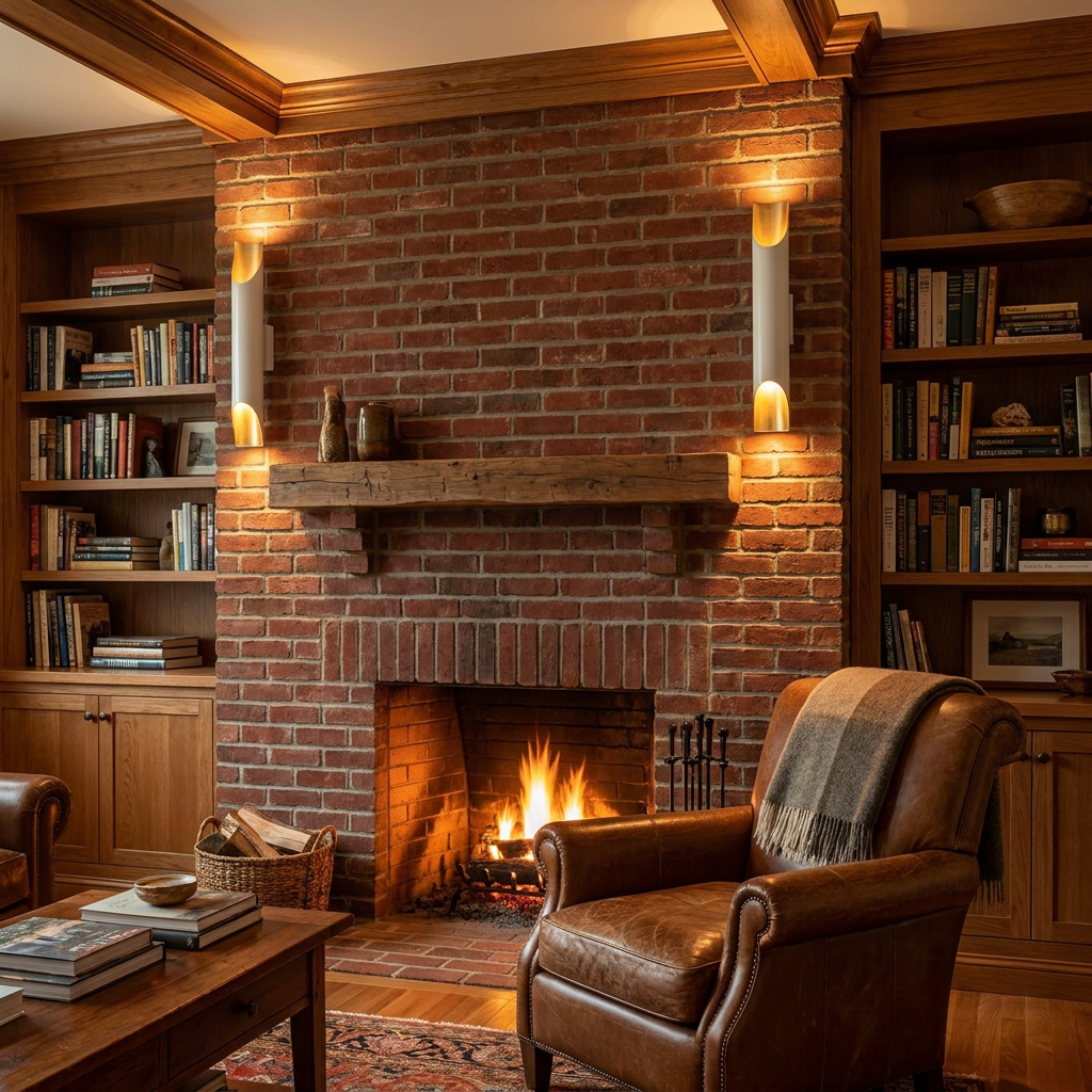 Solenne small white and gold wall sconces flanking a craftsman fireplace
