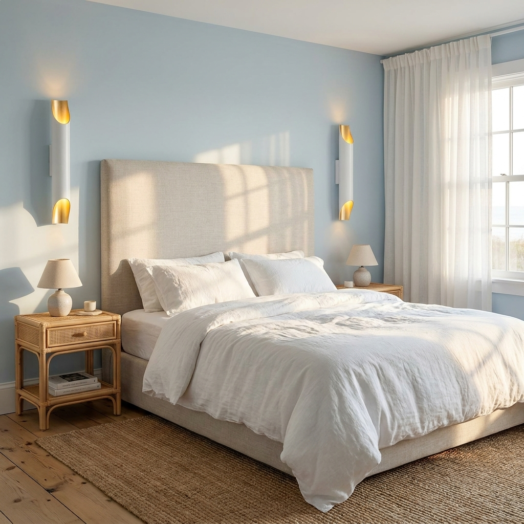 Solenne small white and gold wall sconces beside a bed in a coastal bedroom