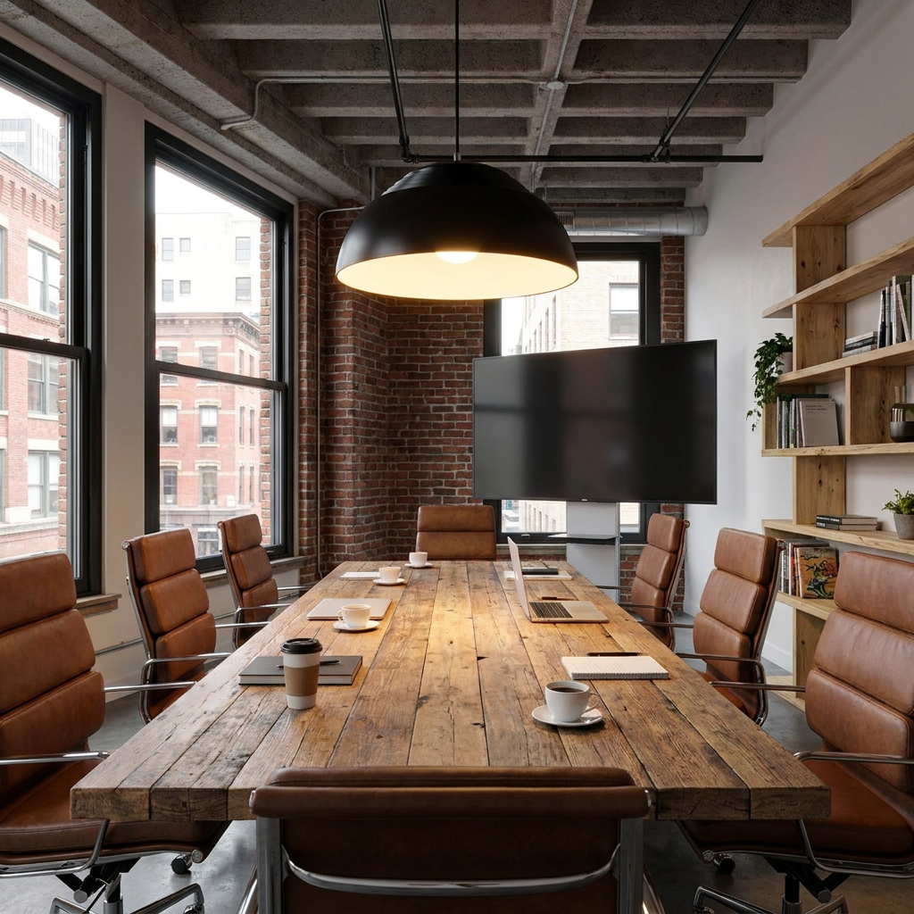 Odeline black pendant light over a long conference table in a downtown office
