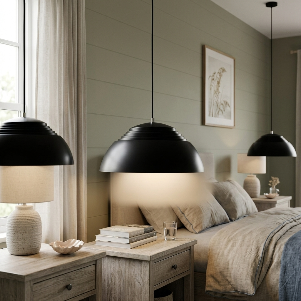 Odeline black pendant light above bedside nightstands in a coastal bedroom