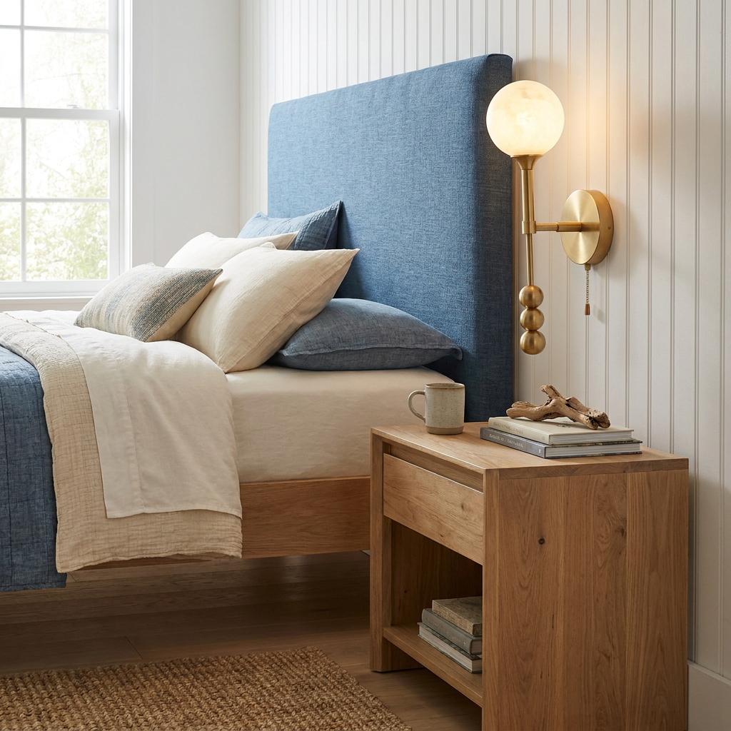 Isaure brushed brass wall sconce beside an upholstered headboard in a coastal New England bedroom