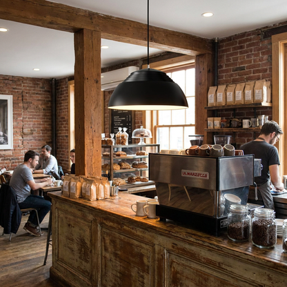 Odeline black pendant light above the counter of a neighborhood coffee shop