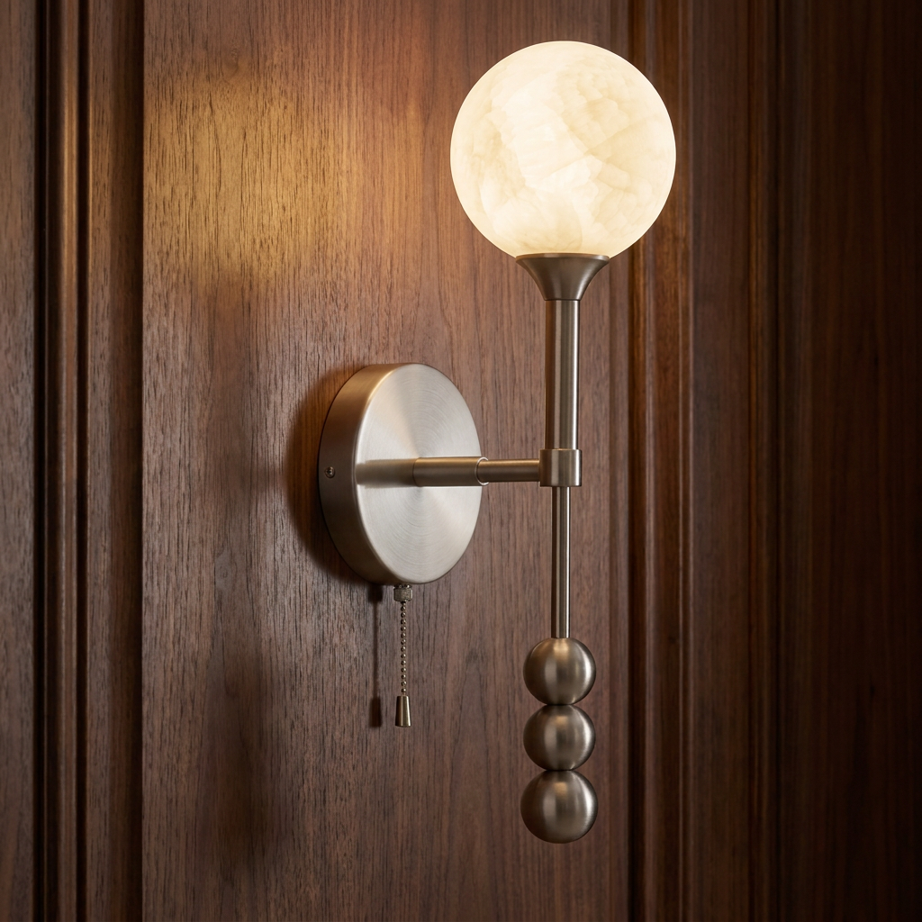 Isaure brushed nickel wall sconce along the corridor of an upscale downtown American hotel with walnut paneling