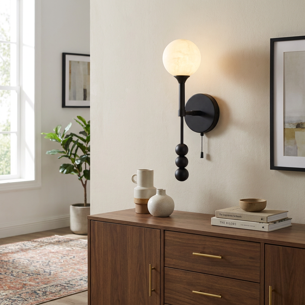 Isaure matte black wall sconce over a mid-century modern credenza in a suburban living room