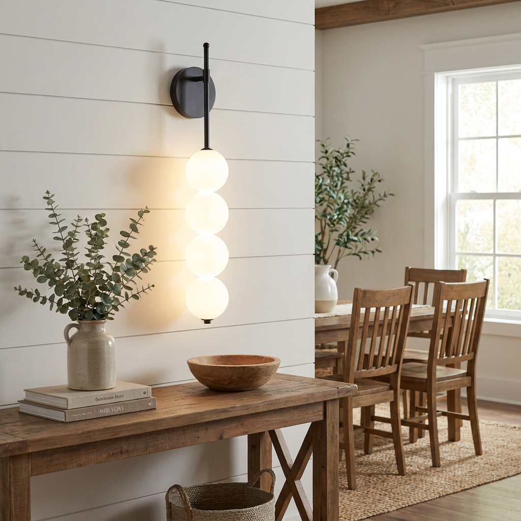 Berenice black wall sconce above a console table in a modern farmhouse dining room