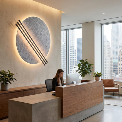 Aurore grey wall sconce behind the reception desk of a modern American office lobby with city towers outside