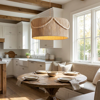 Cordelia pendant light above a breakfast nook in a sunlit suburban kitchen