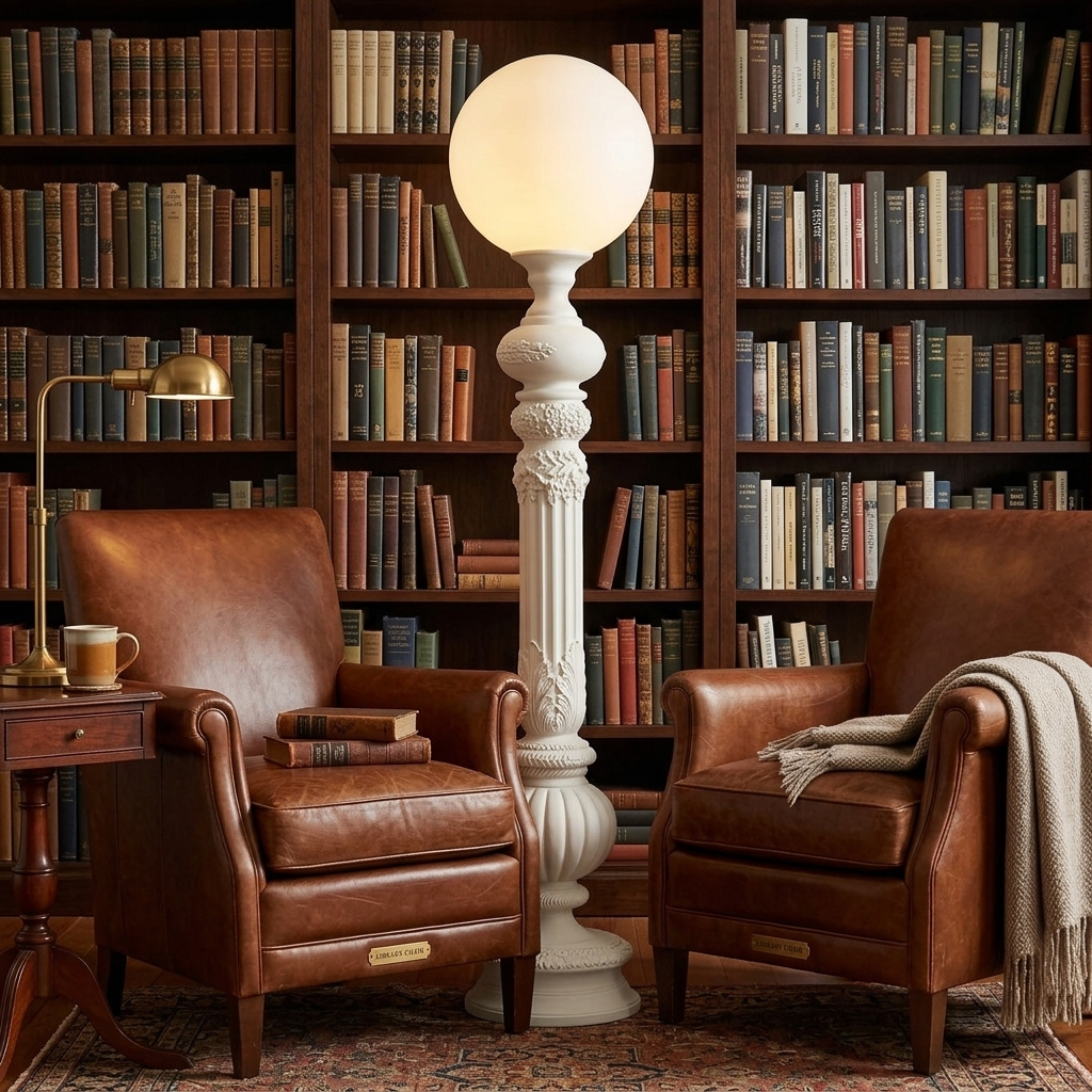 Corinthe ivory white floor lamp beside a leather reading chair in a home library