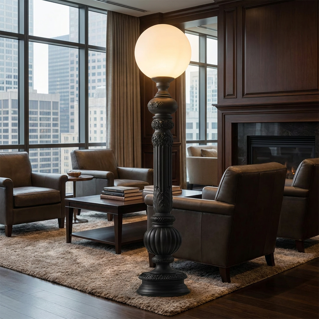 Corinthe matte black floor lamp in the lounge of an upscale downtown office