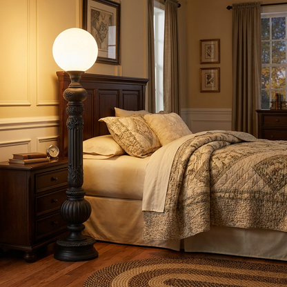 Corinthe matte black floor lamp next to a bed in a classic primary bedroom