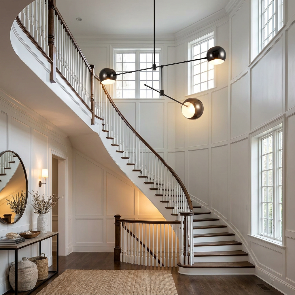 Equilia 2 heads chandelier in the double height foyer of a modern American colonial home with a curved staircase