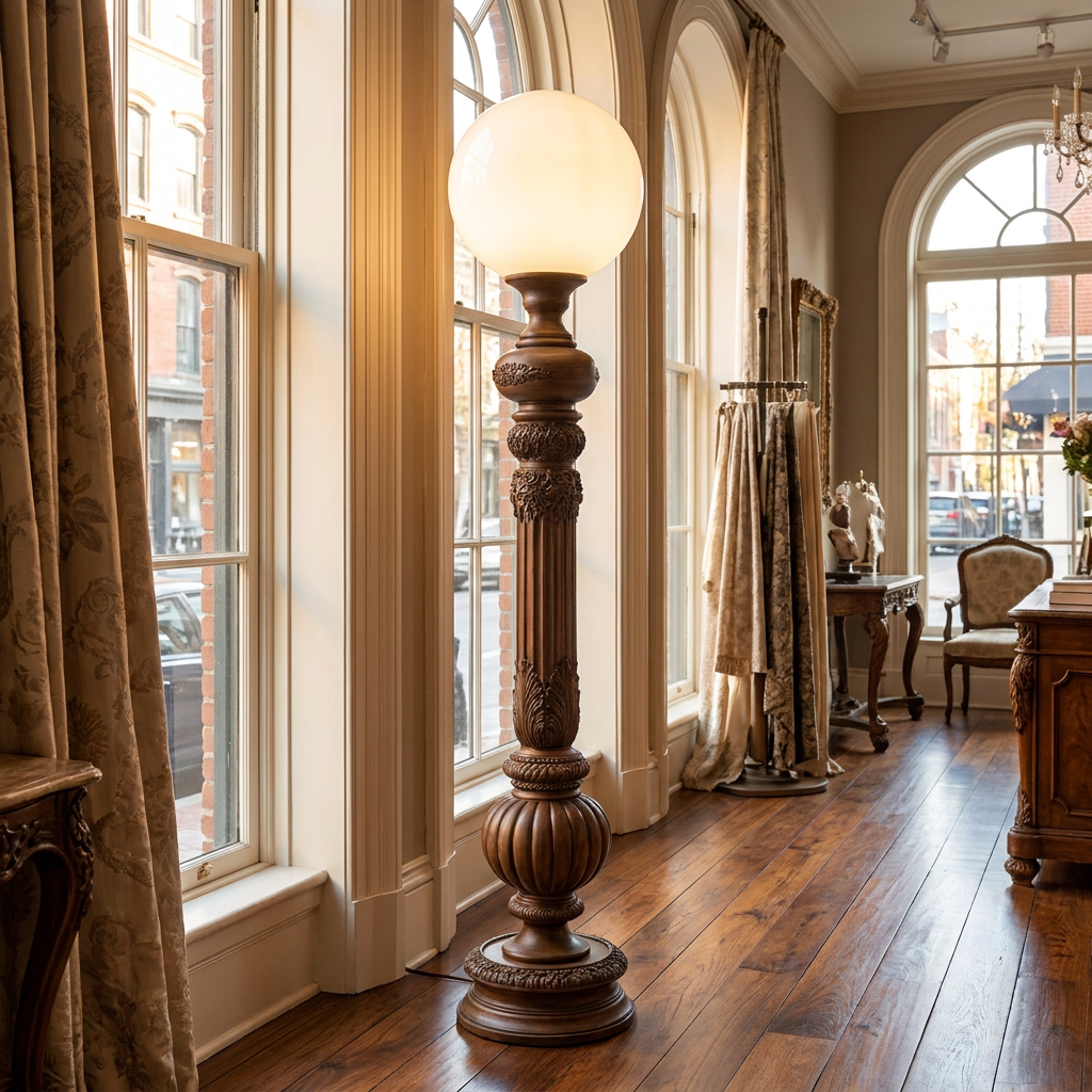 Corinthe walnut floor lamp in a high end boutique showroom with tall windows