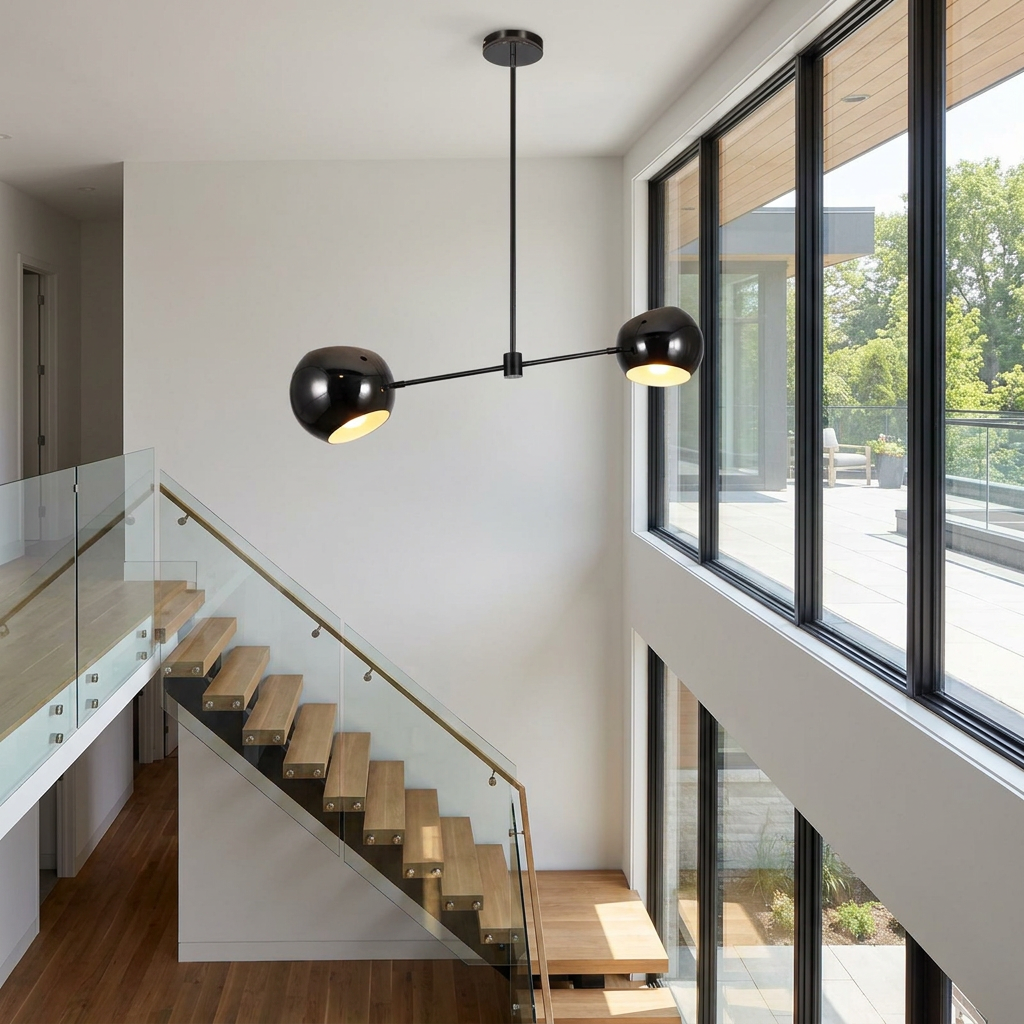 Equilia 2 heads chandelier in the stairwell of a contemporary house with floor-to-ceiling windows