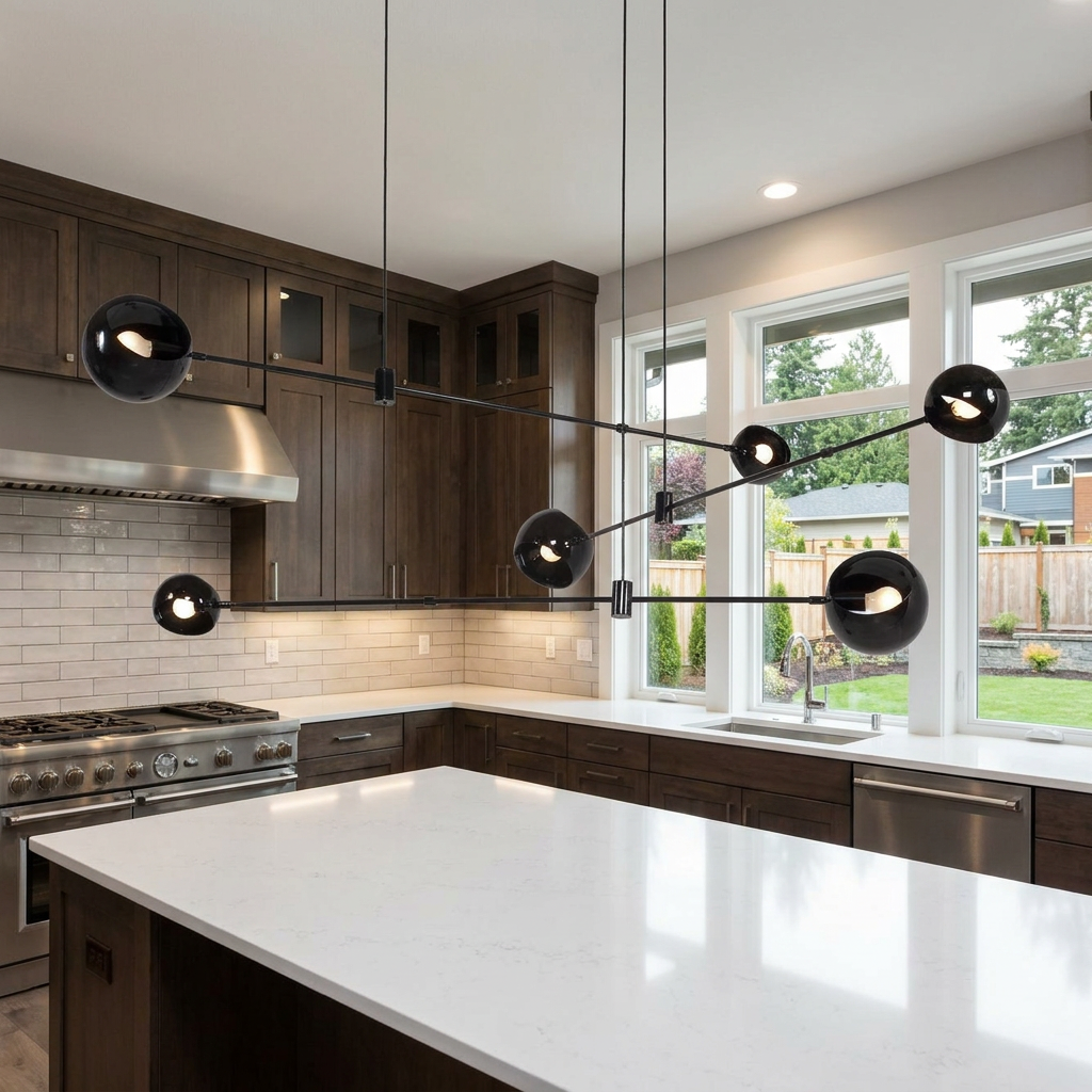Equilia 6 heads chandelier over a kitchen island in a newly built luxury home