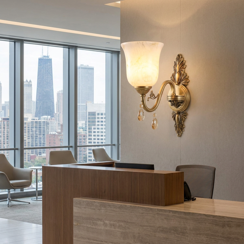 Clotilde brass wall sconce behind the reception desk of a modern American office lobby with city towers outside
