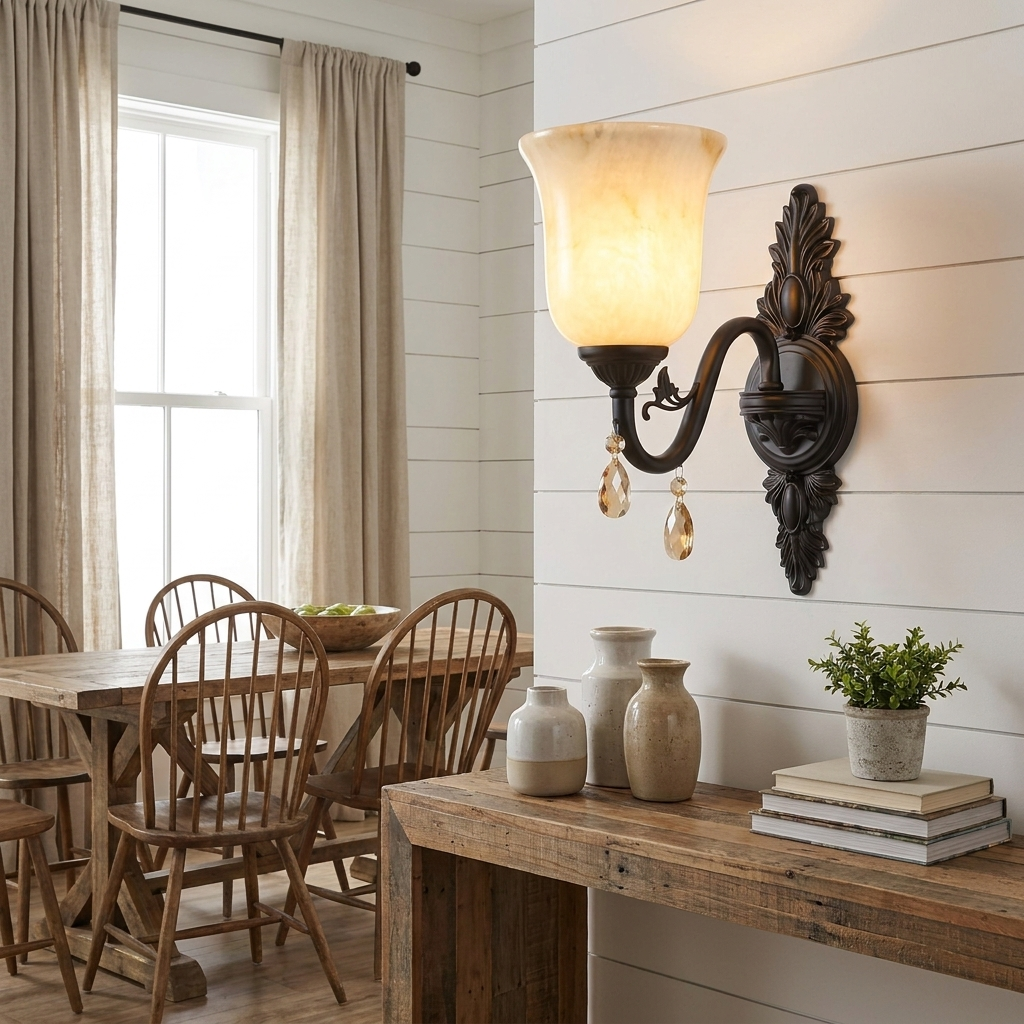 Clotilde matte black wall sconce above a console table in a modern farmhouse dining room