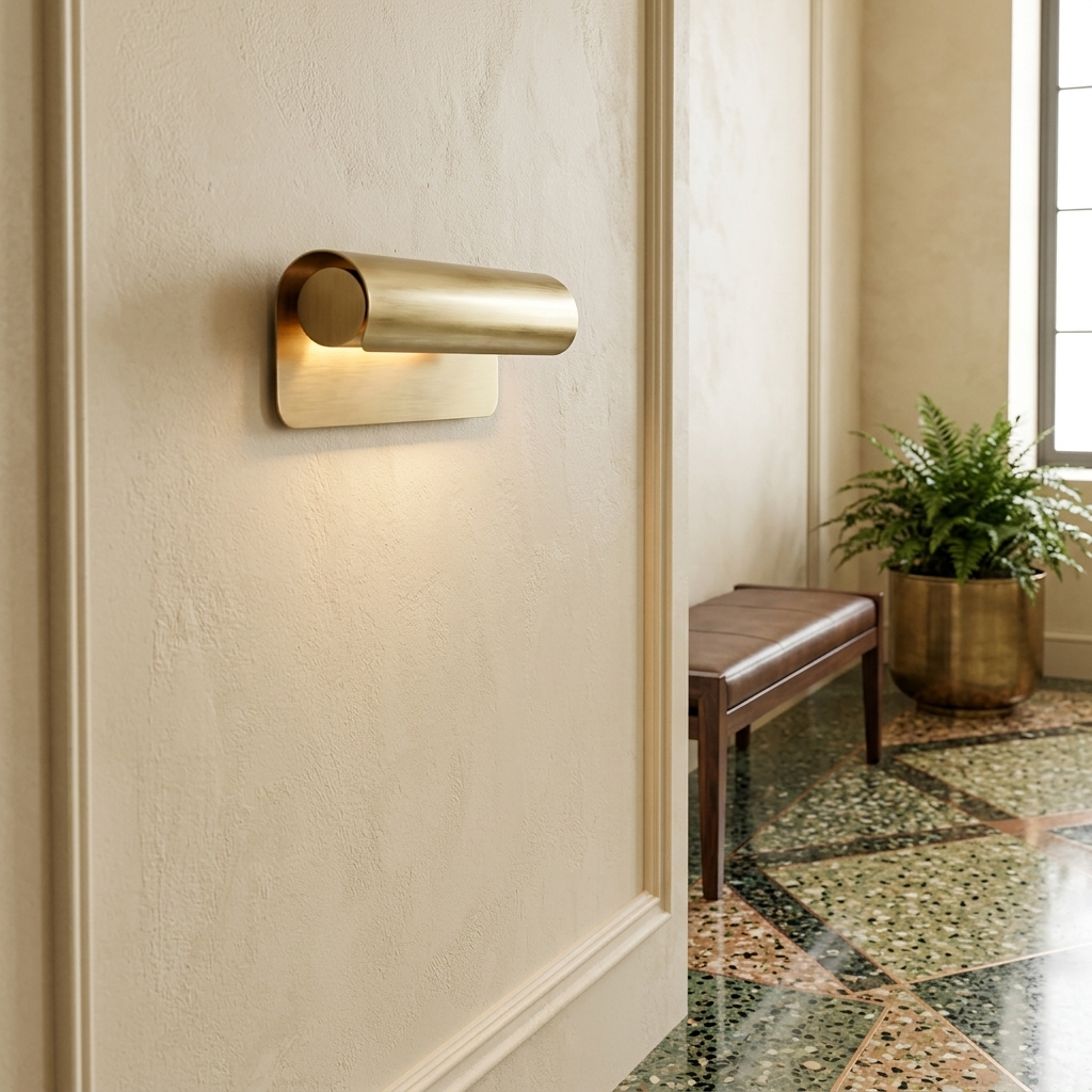 Albane 10 inch wall sconce in the lobby of a boutique hotel with terrazzo floors