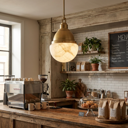 Gisele brass pendant light above the counter of a neighborhood coffee shop