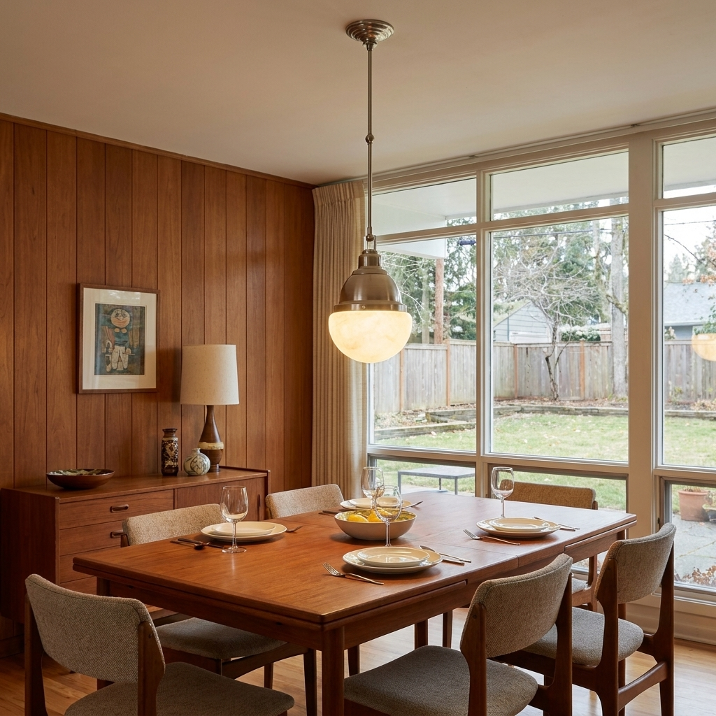 Gisele nickel pendant light above the dining table of a mid-century ranch home