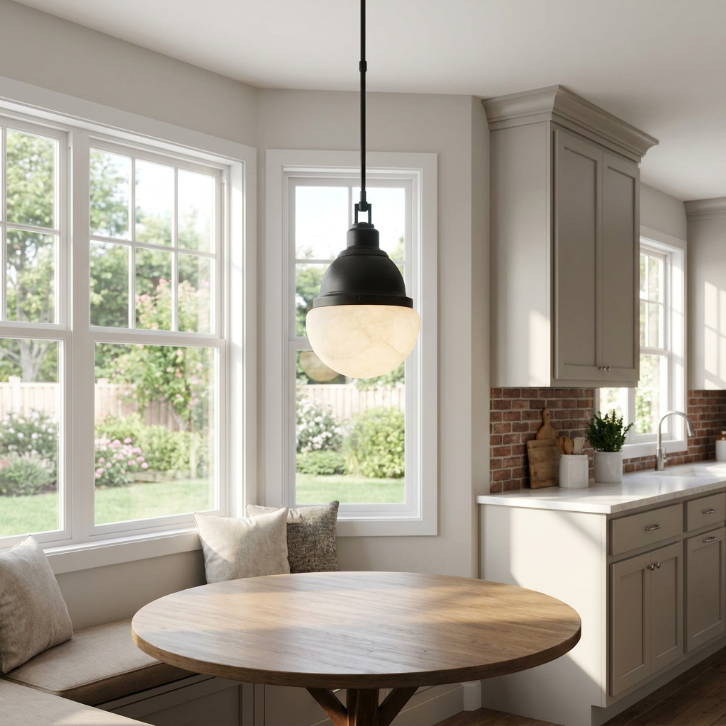 Gisele black pendant light above a breakfast nook in a sunlit suburban kitchen