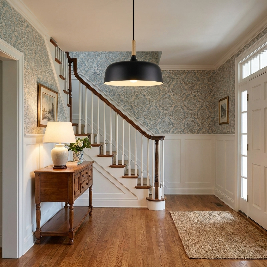 Noisette black pendant light in the entry foyer of a colonial style home
