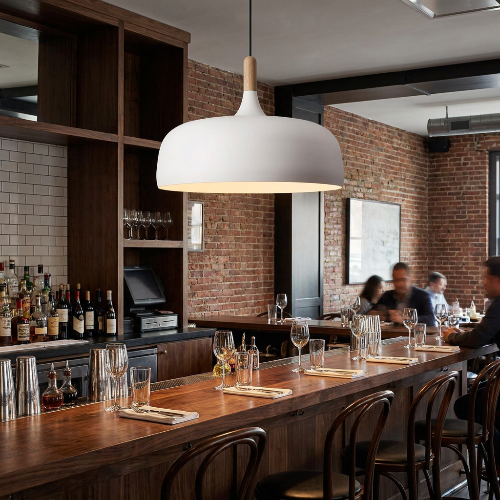 Noisette white pendant light over the bar of a modern American restaurant