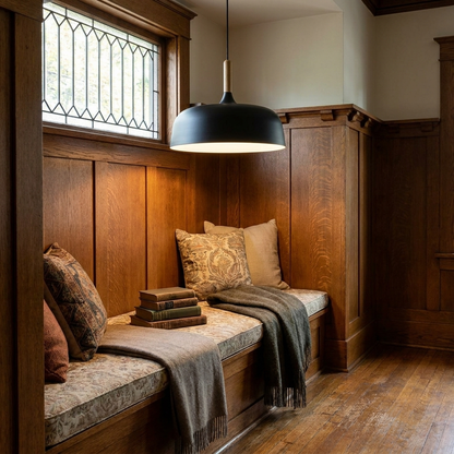 Noisette black pendant light above a reading nook bench in a craftsman bungalow