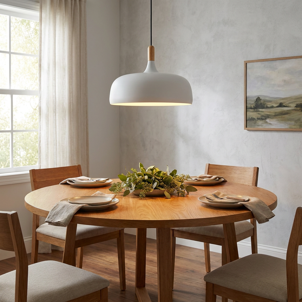 Noisette white pendant light above a round oak dining table in a transitional suburban home