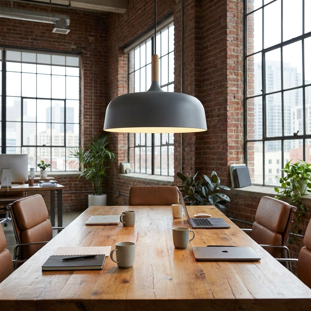 Noisette grey pendant light over a long conference table in a downtown office