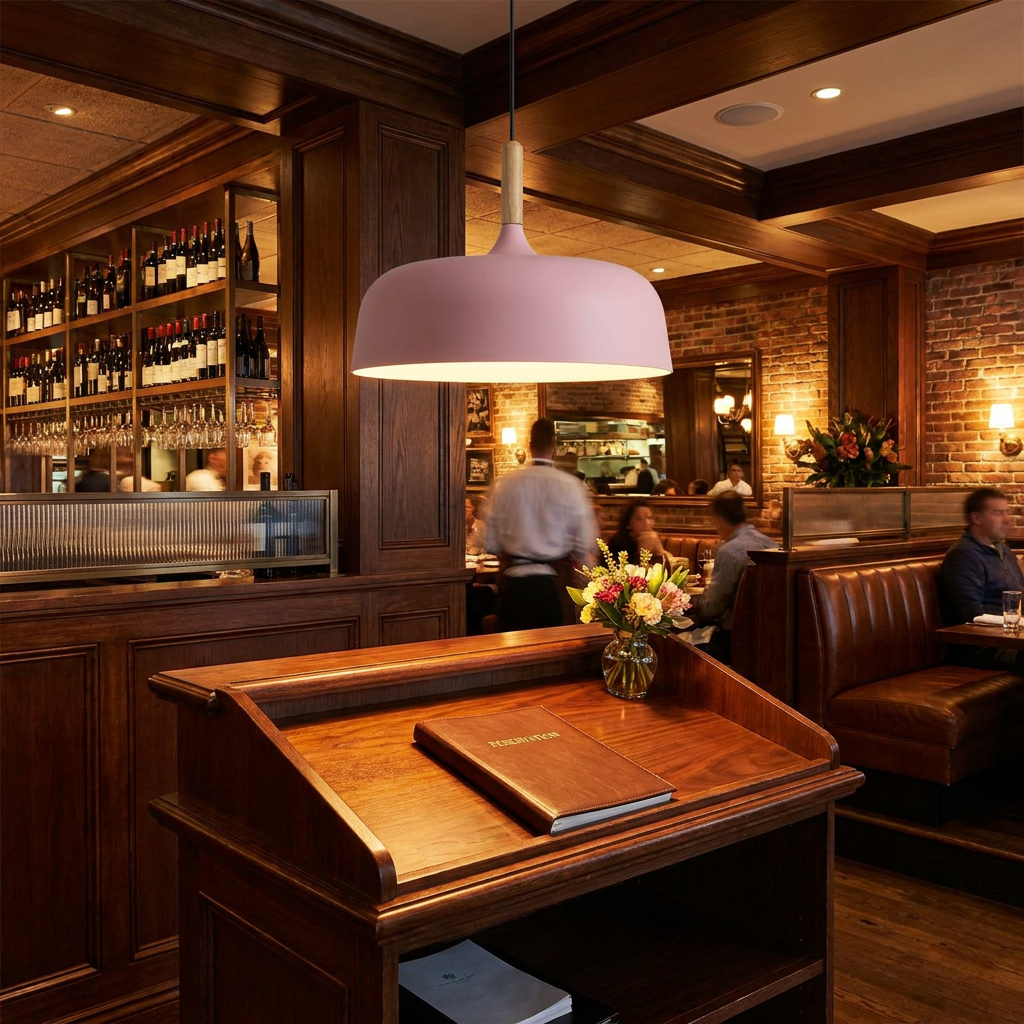 Noisette pink pendant light over the host stand of an upscale bistro