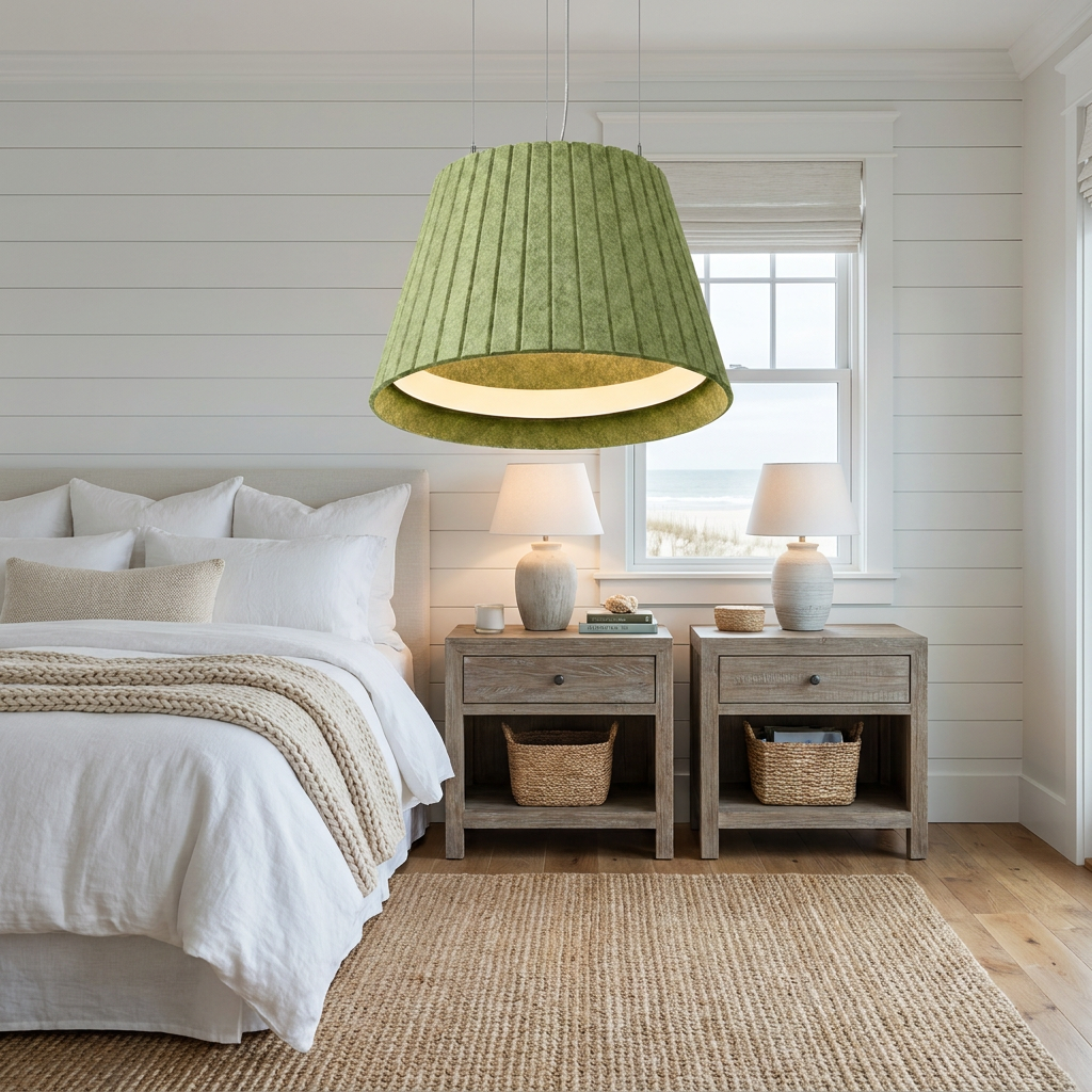 Calma green pendant light above bedside nightstands in a coastal bedroom