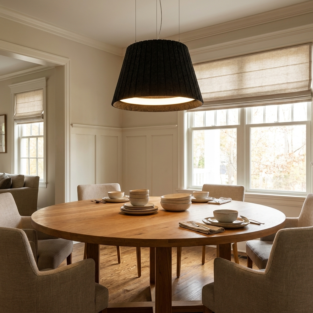 Calma black pendant light above a round oak dining table in a transitional suburban home