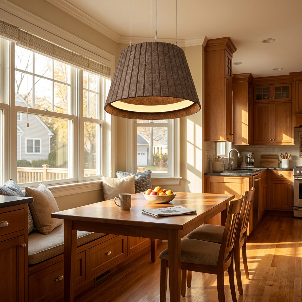Calma brown pendant light above a breakfast nook in a sunlit suburban kitchen