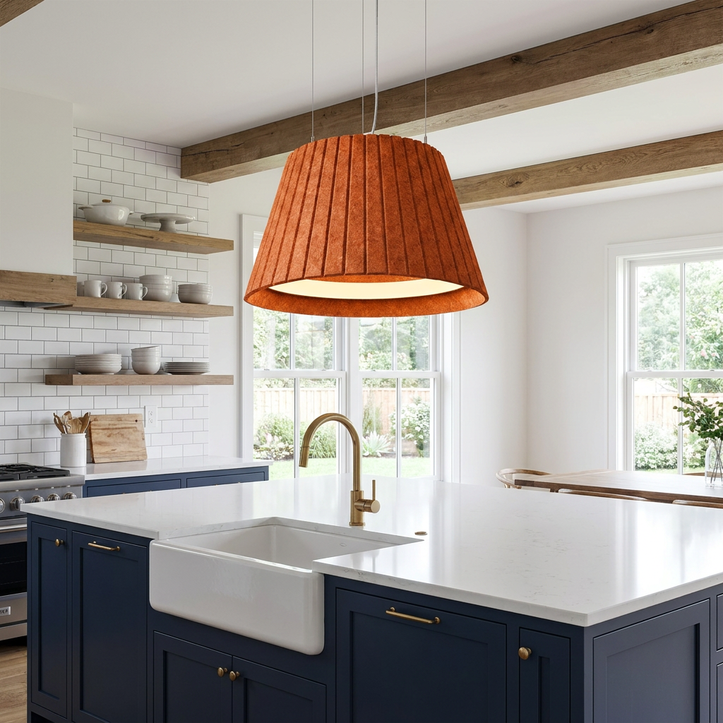 Calma orange pendant light over a white quartz kitchen island in a modern farmhouse with navy cabinets