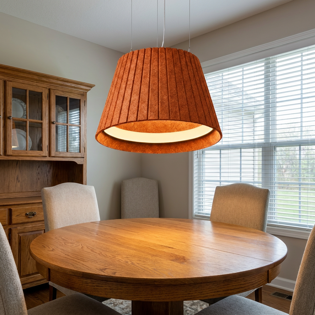 Calma orange pendant light above a round oak dining table in a transitional suburban home