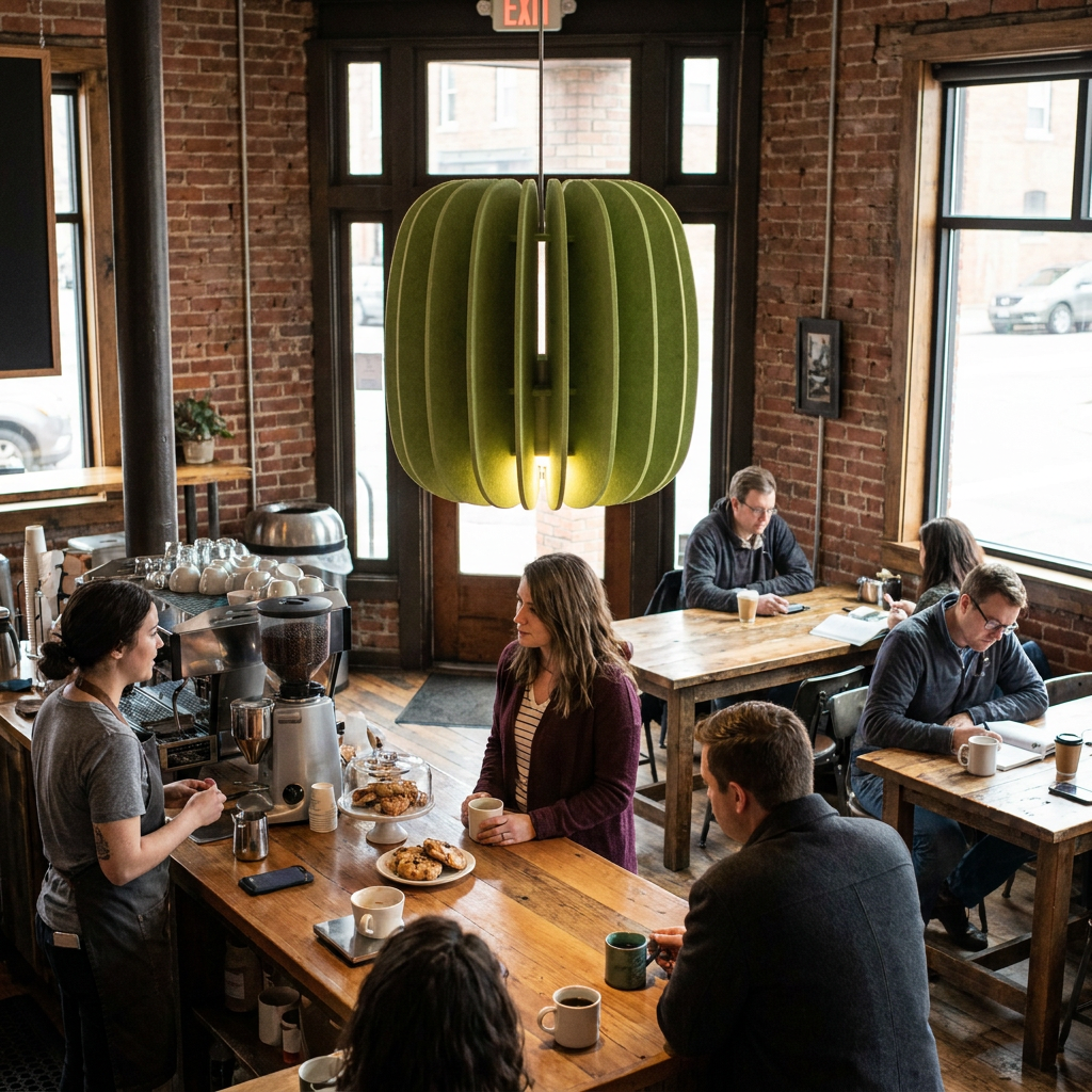 Lamelle oval sage green pendant light above the counter of a neighborhood coffee shop