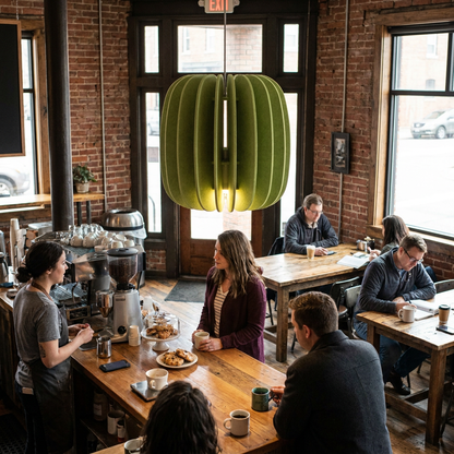 Lamelle oval sage green pendant light above the counter of a neighborhood coffee shop
