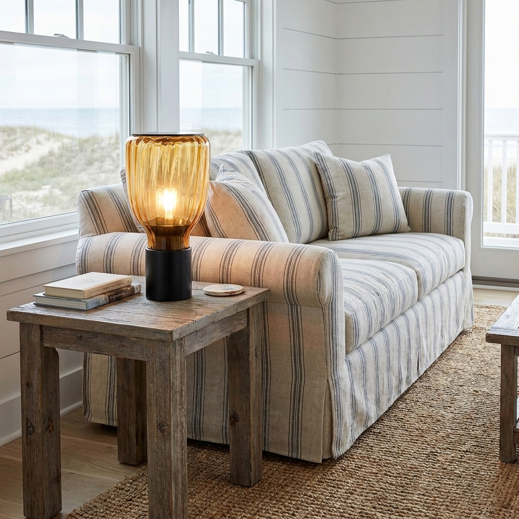Verra amber table lamp on an end table in a coastal living room