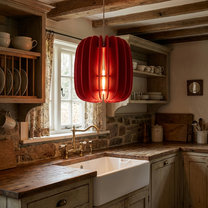 Lamelle oval red pendant light over a farmhouse sink in a cottage kitchen