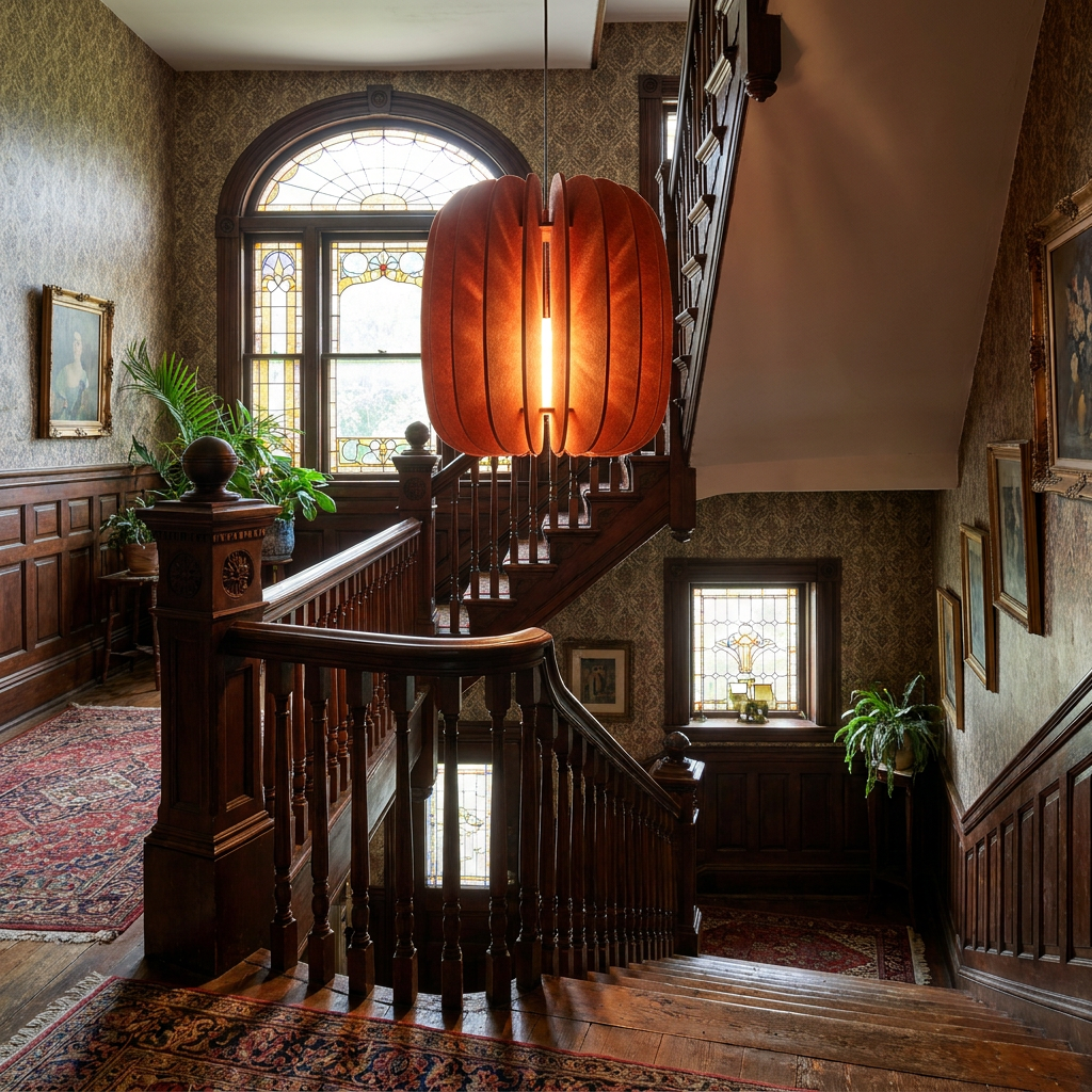 Lamelle oval orange pendant light in the stairwell of a Victorian style home