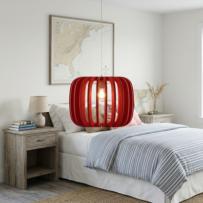 Lamelle round red pendant light above bedside nightstands in a coastal bedroom
