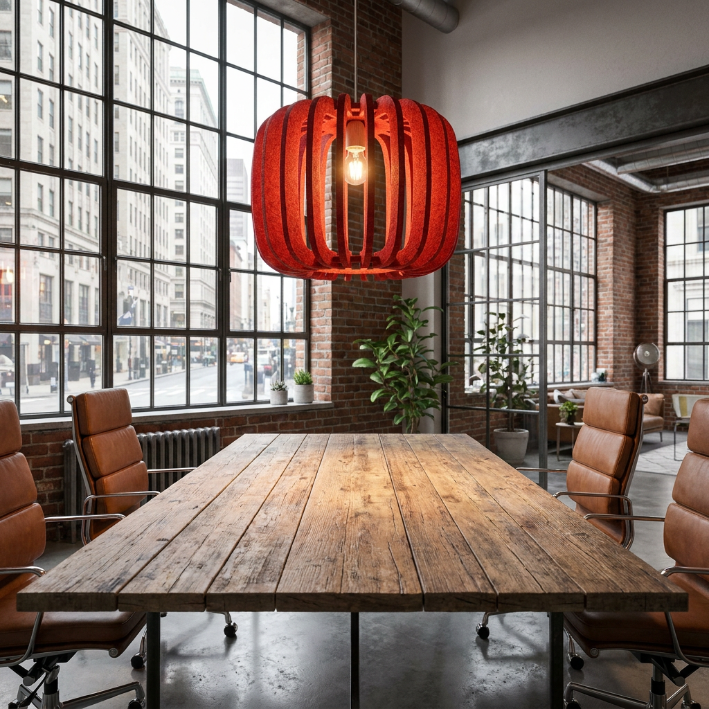 Lamelle round red pendant light over a long conference table in a downtown office