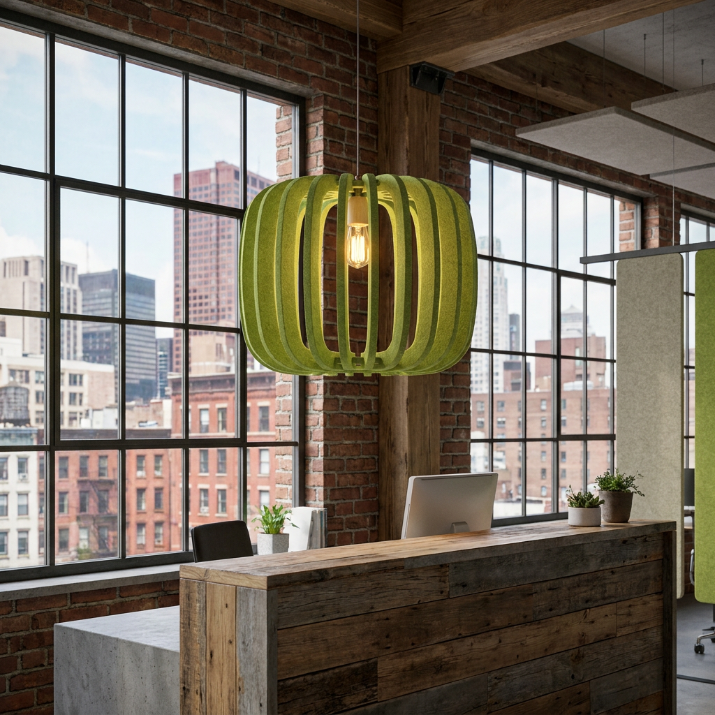 Lamelle round sage green pendant light over the reception desk of a creative office with city buildings outside