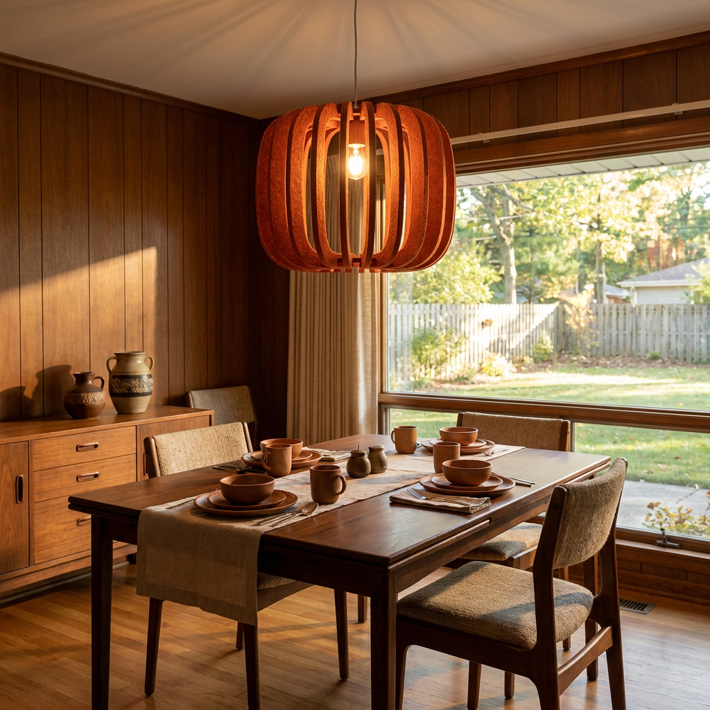 Lamelle round orange pendant light above the dining table of a mid-century ranch home